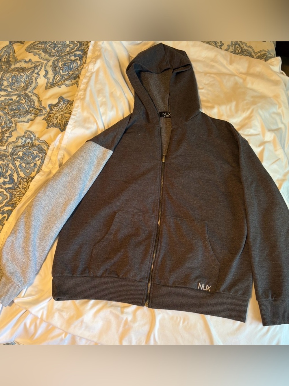 NUX Two-Tone Hooded Zip Jacket in Dark Gray/ Light Gray NWOT (tag attached)